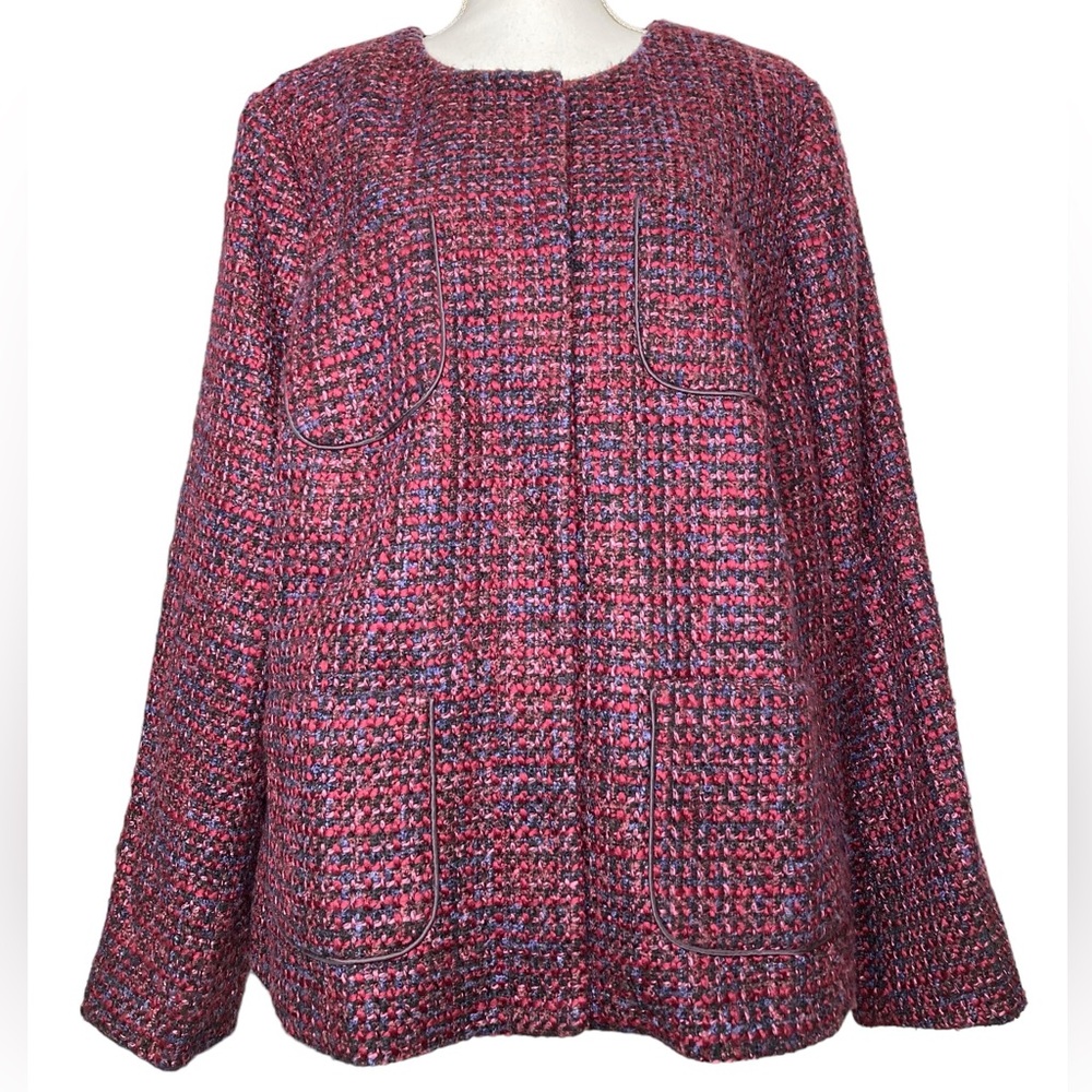 TALBOTS Muticolor Magenta, Burgundy, Purple, Wool Blend Tweed Plus Blazer, 20W